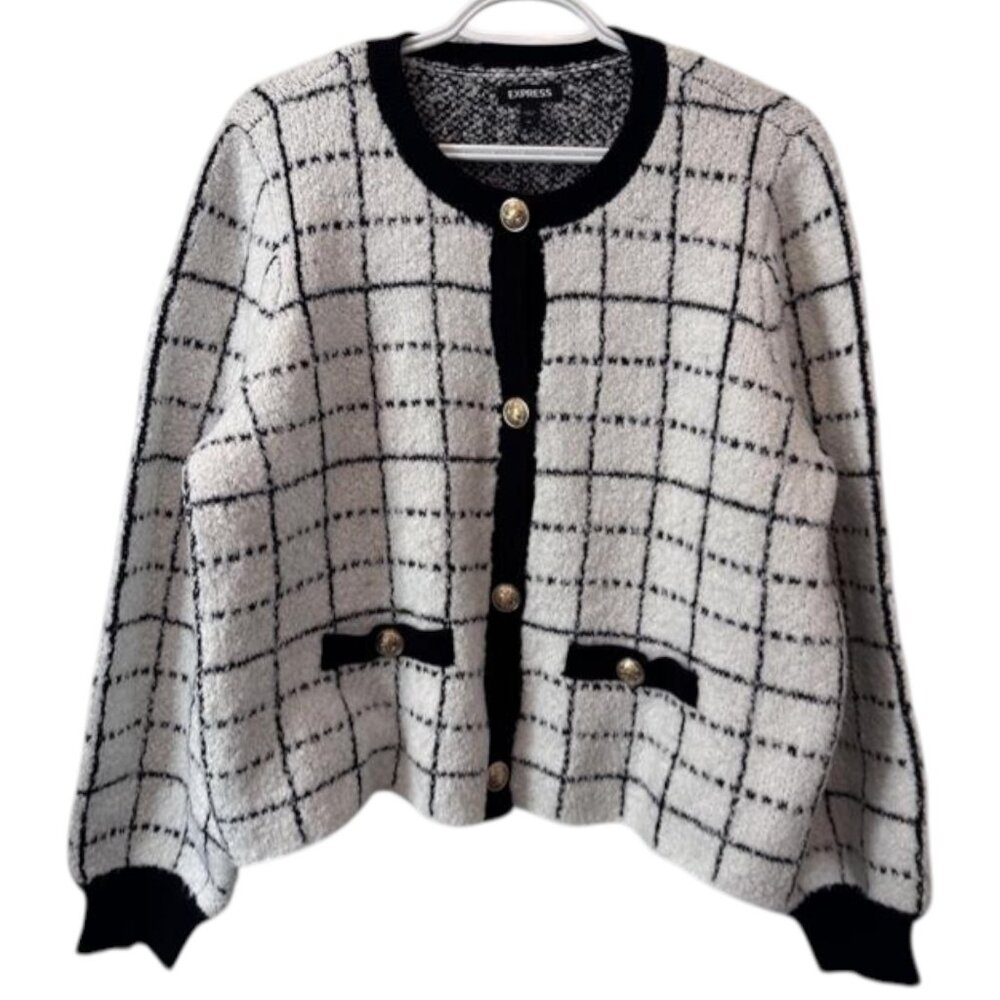Express black windowpane button-front collarless cardigan size US XL